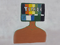 Ein Fernseher mit dem Schriftzug "Terror" sitzt auf dem Kopf eines Menschen