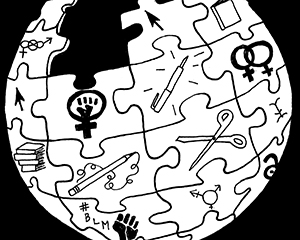 Globe made of puzzle pieces in black and white with feminist symbols