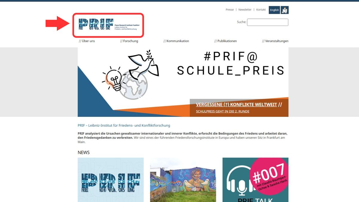 Screenshot der PRIF-Startseite, das Logo ist rot umrandet