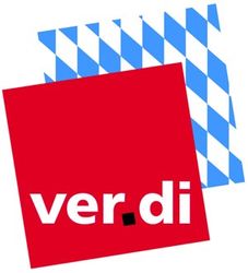 Logo von ver.di Bayern, rotes und weißblaues Qudrat