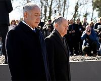 Israeli Prime Minister Benjamin Netanyahu and German Chancellor Olaf Scholz attend a memorial event commemorating deportation of Jews during World War II at the Plattform 17 Memorial at Grunewald railway station in Berlin, Germany, 16 March 2023.