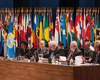 Podium during the Fifth Review Conference of the Chemical Weapons Convention.The Conference was held at the World Forum, The Hague, the Netherlands from 15 May to 19 May 2023.