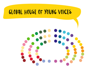 Dots in 18 different colours, shaped like a parliament. A speech bubble coming out of the graphic and says: "Global House of Young Voices"