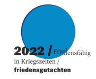 Blauer Punkt und Text "2022: Friedensfähig in Kriegszeiten / friedensgutachten"