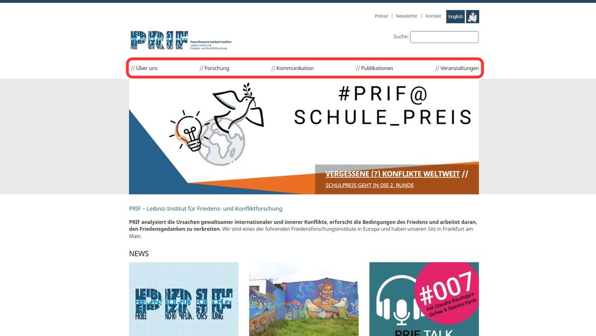 Screenshot der PRIF-Startseite, die Reiter sind rot umrandet